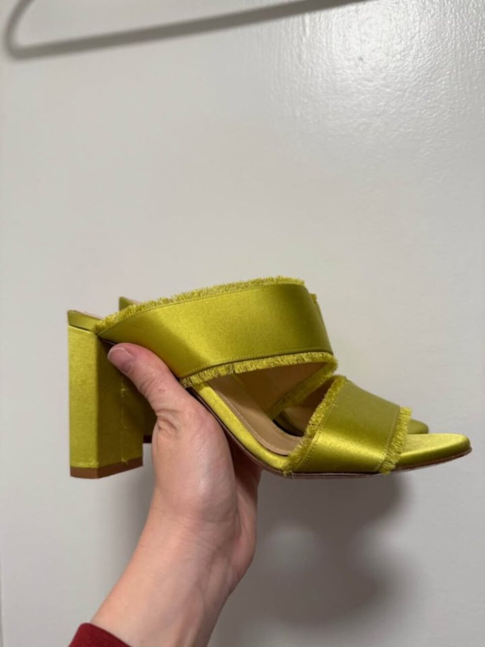 Marion Parke Chartreuse Satin Frayed Block Heel Mules